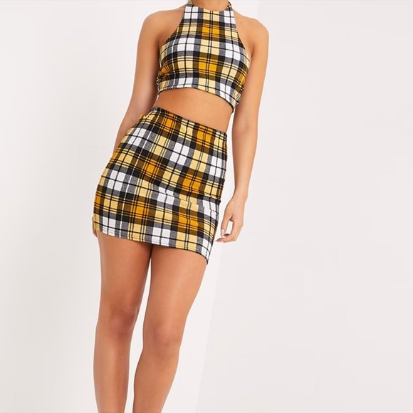 Pretty Little Thing Yellow Orange Plaid Bodycon Skirt - Picture 4 of 4